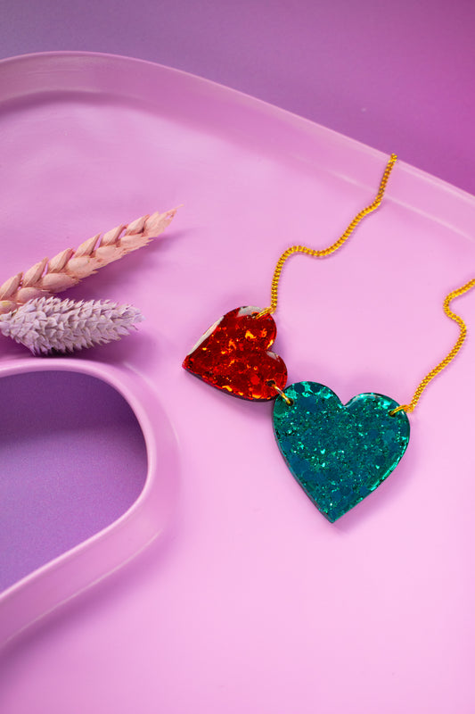 Red & Teal Glitter Love Heart Statement Necklace