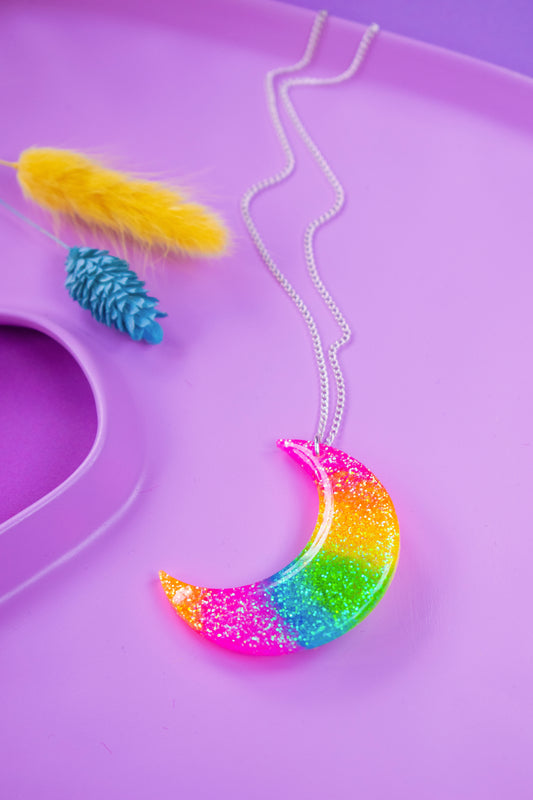 Large Crescent Moon Necklace Rainbow Iridescent Glitter