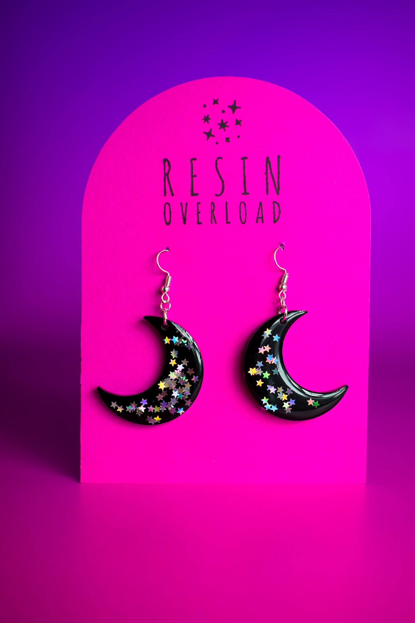 Black Crescent Moon Earrings Holographic Stars