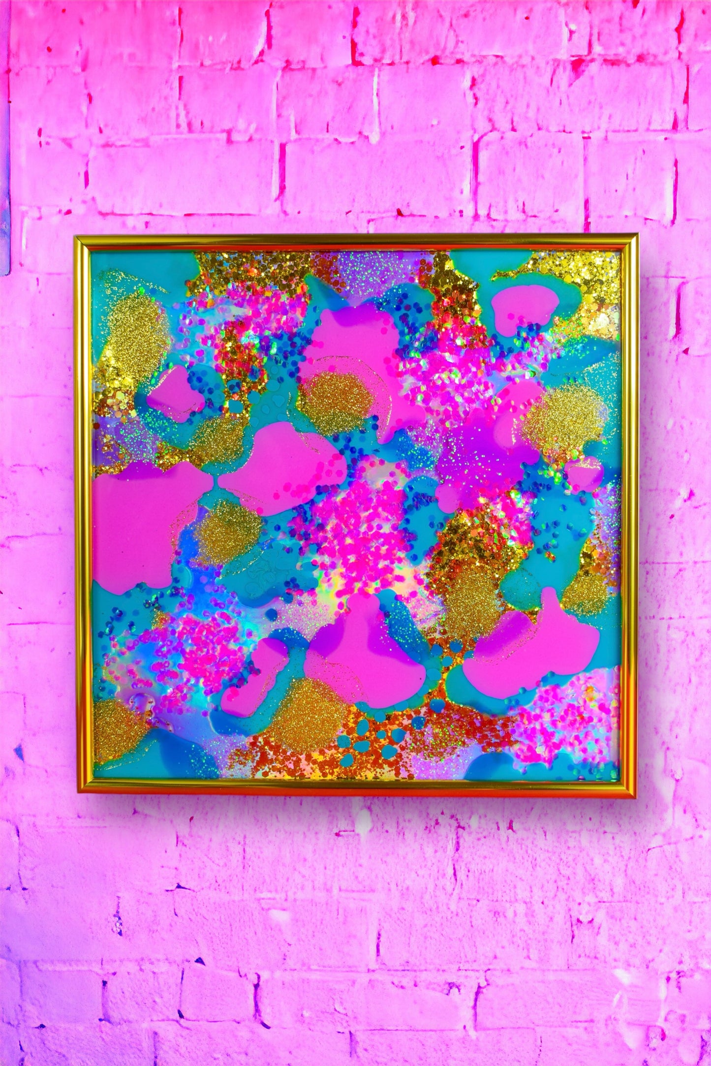 Original Resin Artwork Framed Colourful Pink Gold Turquoise Glitter Holographic Art