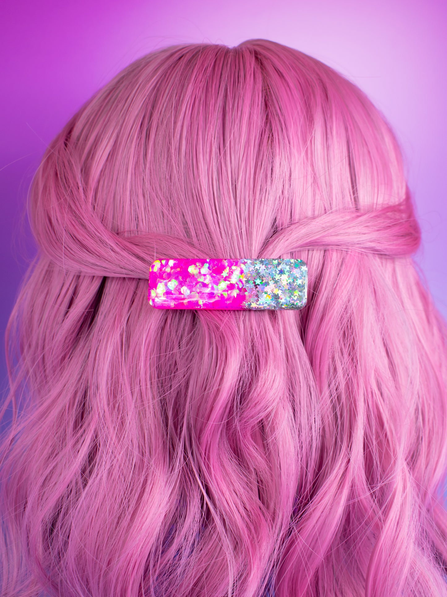 Iridescent Pink & Holographic Silver Stars Glitter Chunky Resin Hair Clip