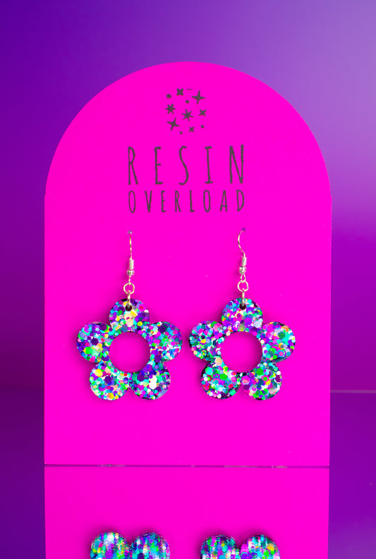 Multicoloured Flower Earrings Daisy Shaped Purple Blue Silver Glitter