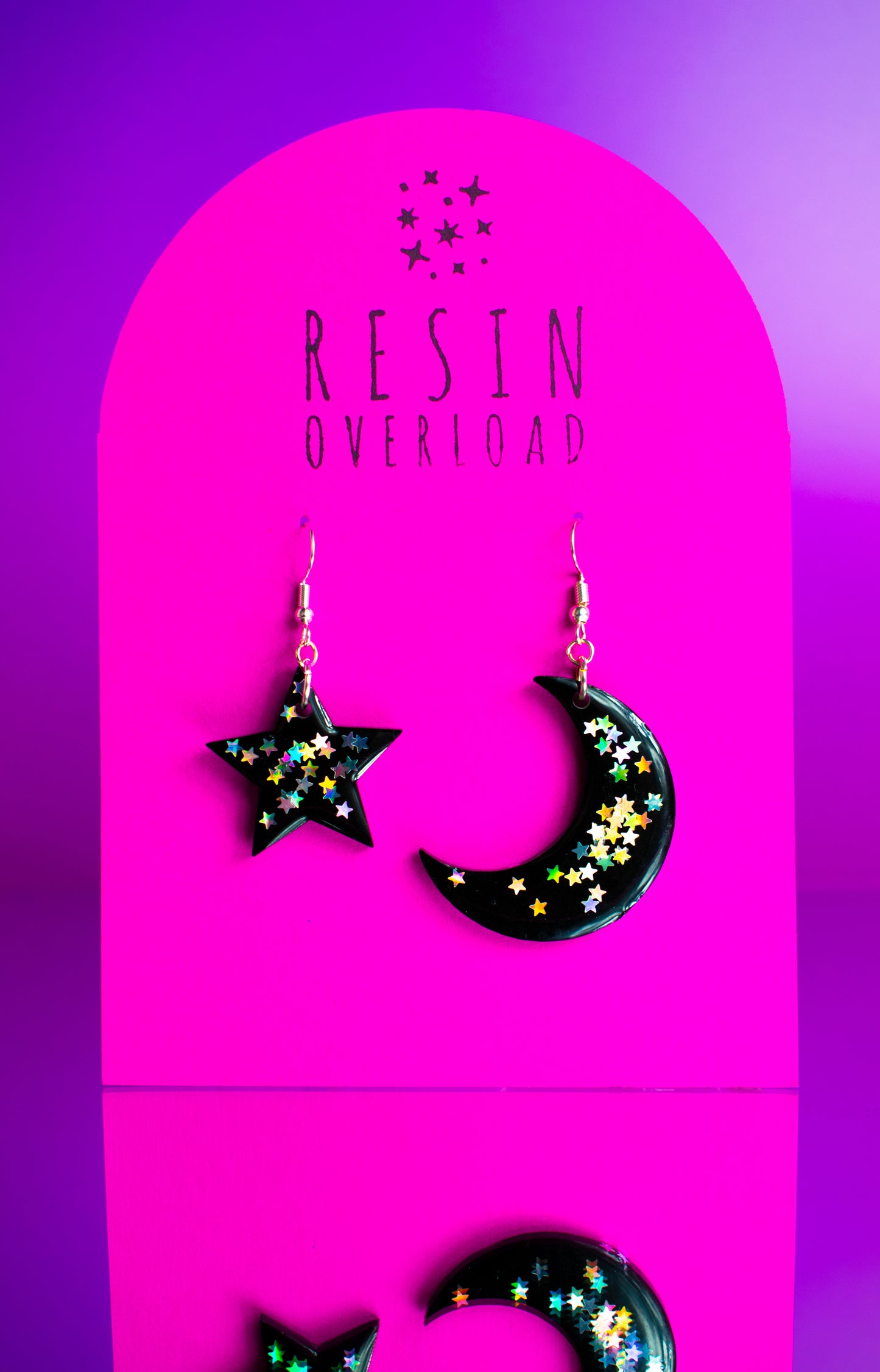 Moon & Stars Earrings Silver Holographic Stars Glitter