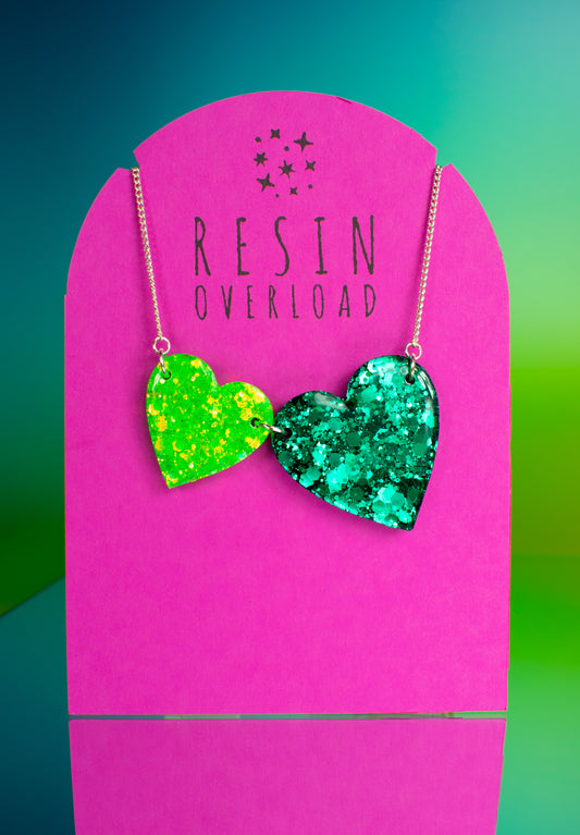 Lime Green & Teal Love Hearts Statement Necklace