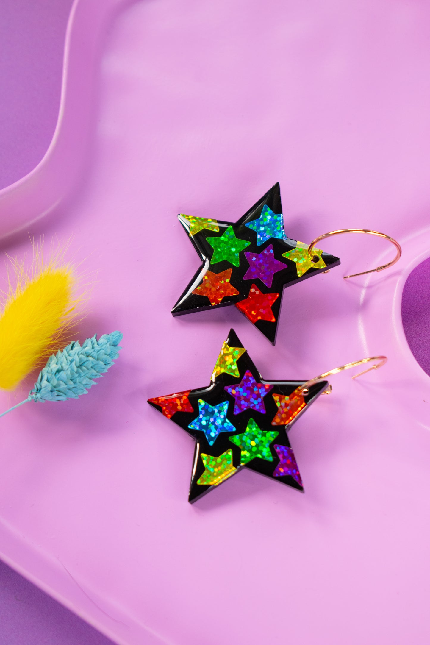 Rainbow Star Statement Earrings Gold Hoops