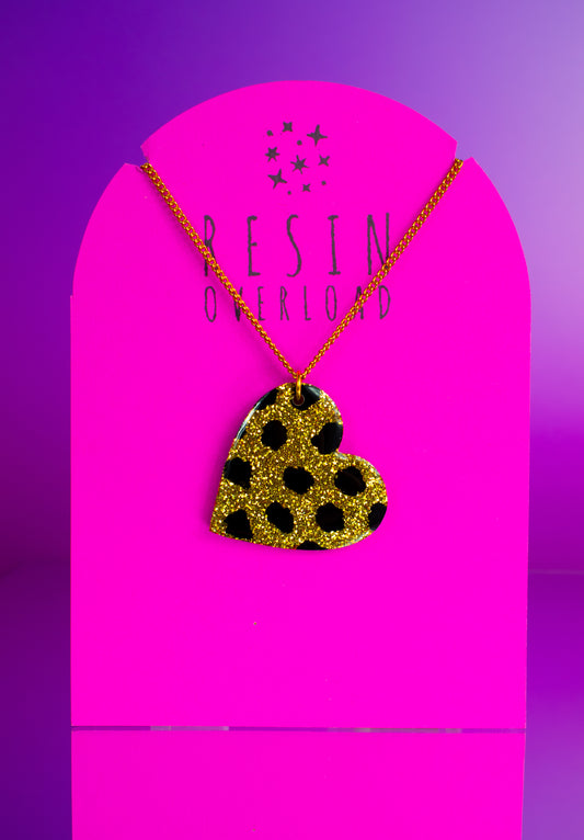 Gold & Black Love Heart Necklace Glitter Pendant Spotty