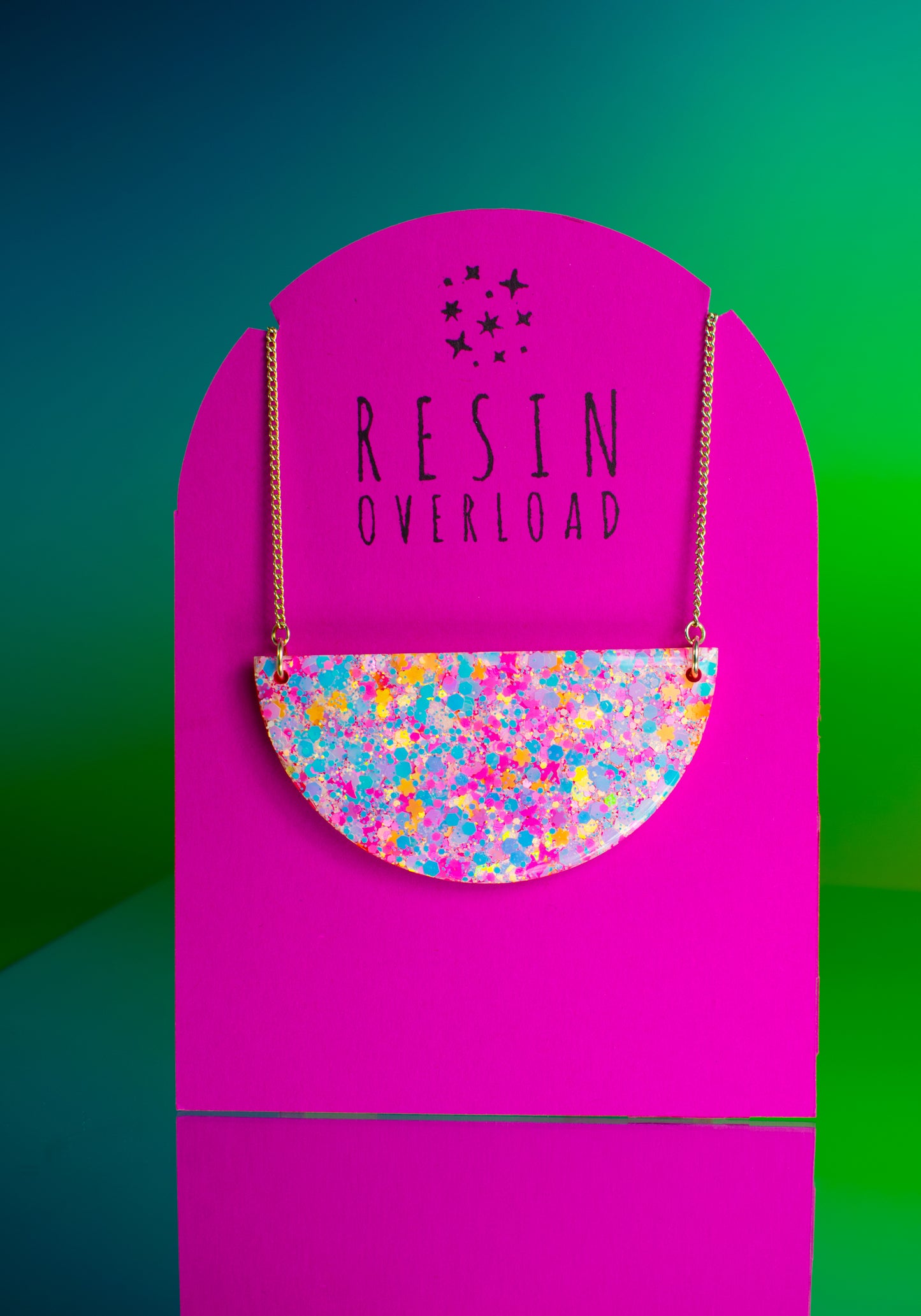 Semi Circle Necklace Iridescent, Pink & Orange Geometric Glitter