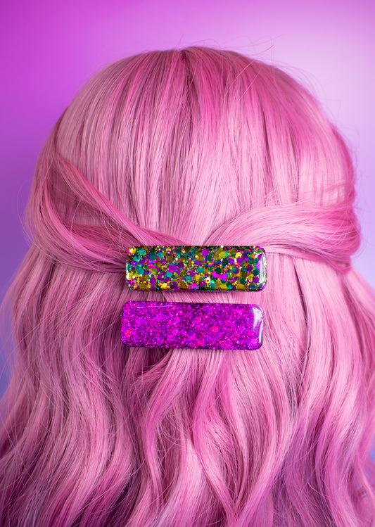 Multicoloured Gold Pink & Teal Glitter Chunky Resin Hair Clips Metallic Pair