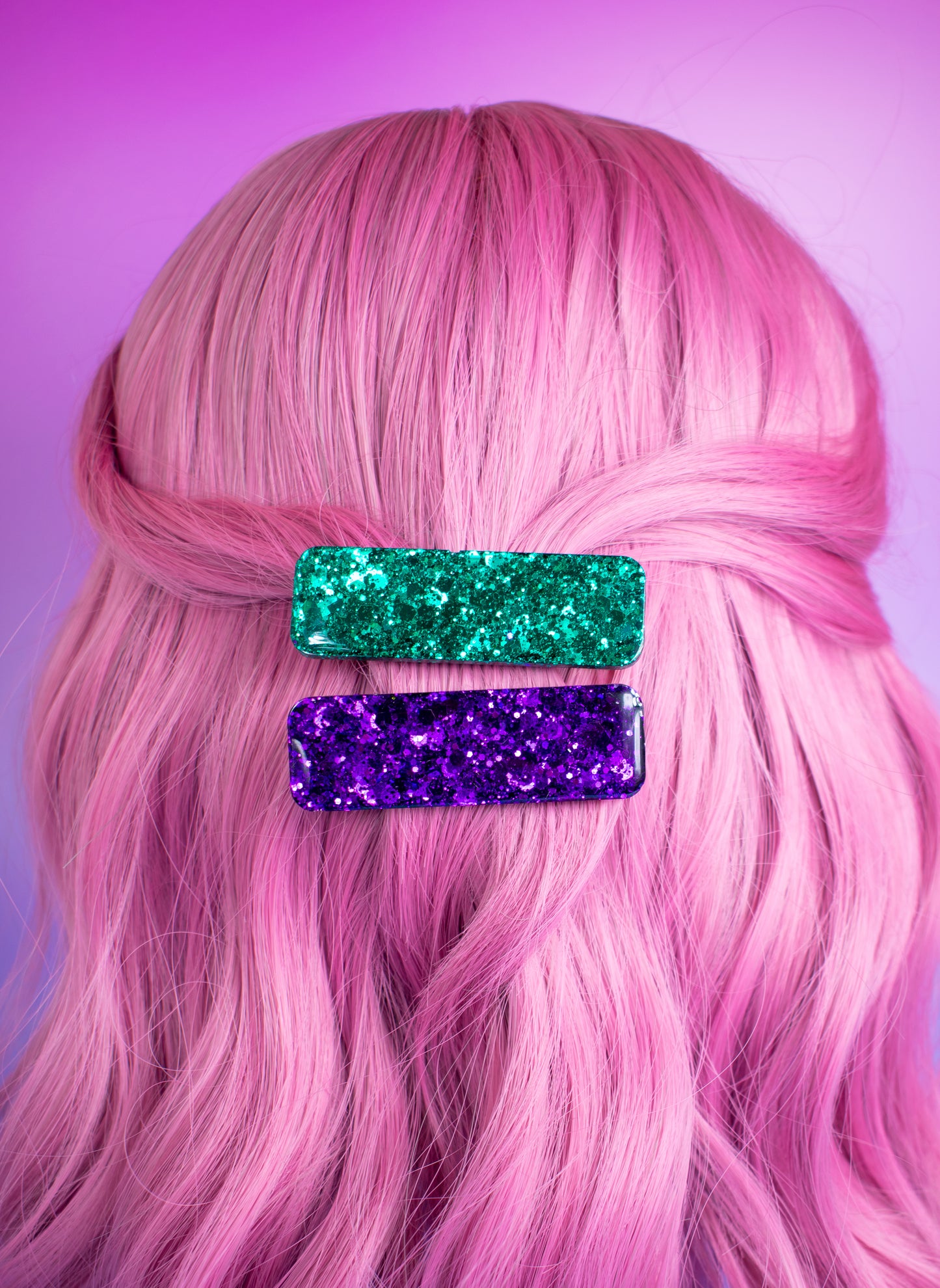 Purple & Teal Glitter Chunky Resin Hair Clips Metallic Pair