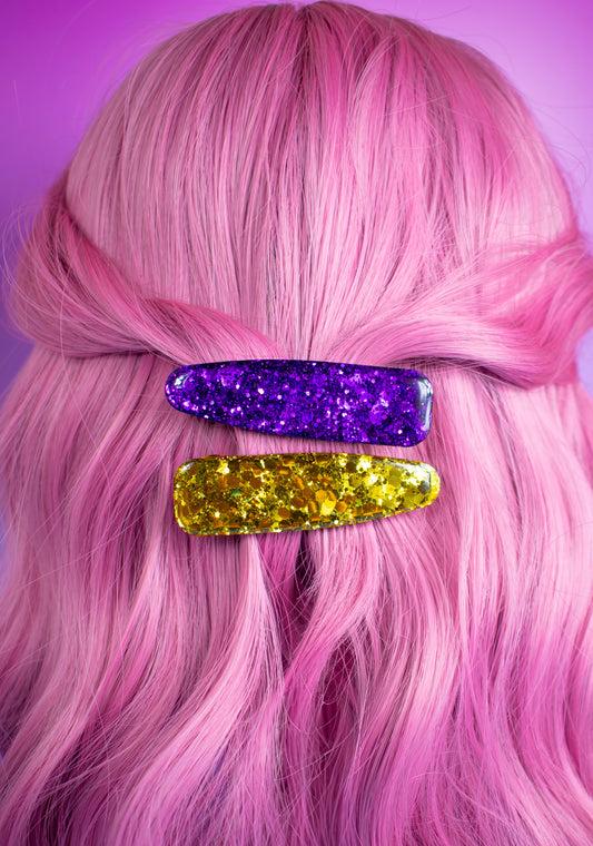 Purple & Gold Glitter Chunky Resin Hair Clips Pair