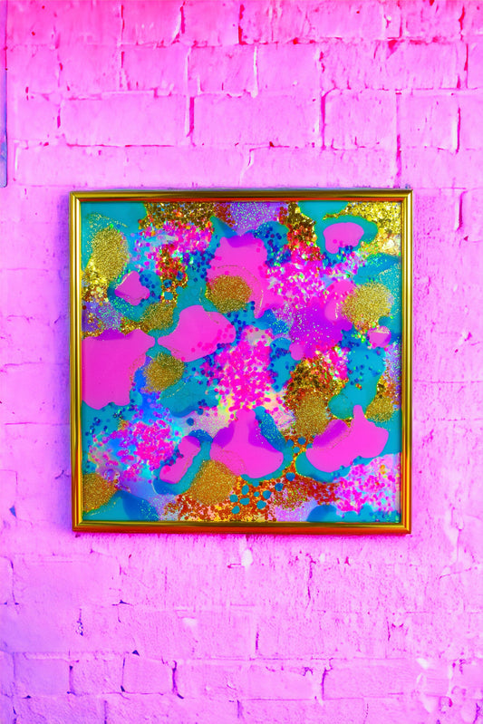 Original Resin Artwork Framed Colourful Pink Gold Turquoise Glitter Holographic Art