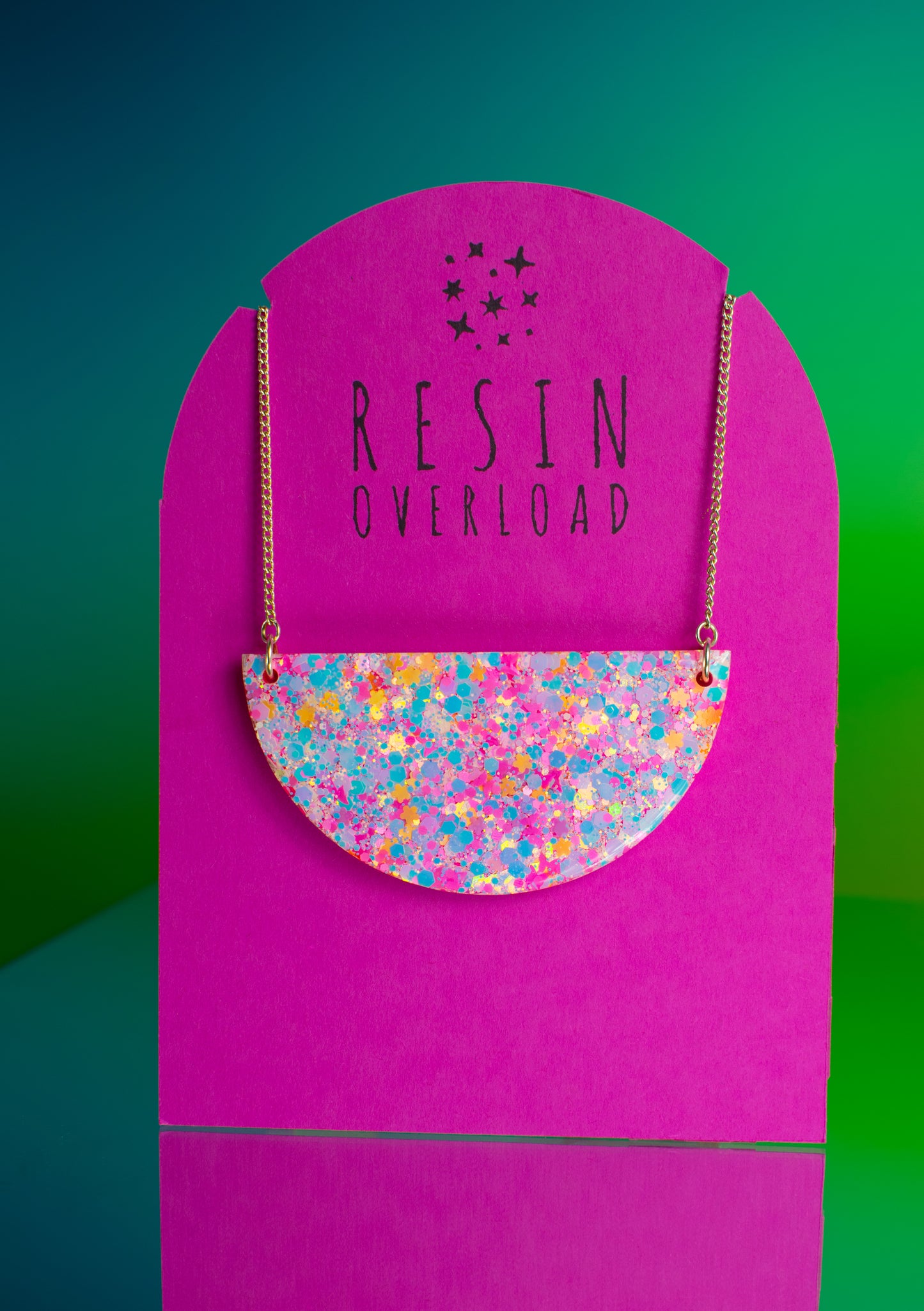 Semi Circle Necklace Iridescent, Pink & Orange Geometric Glitter