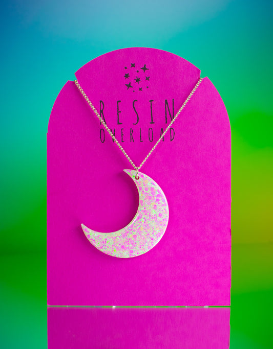 Large Crescent Moon Pendant White Iridescent