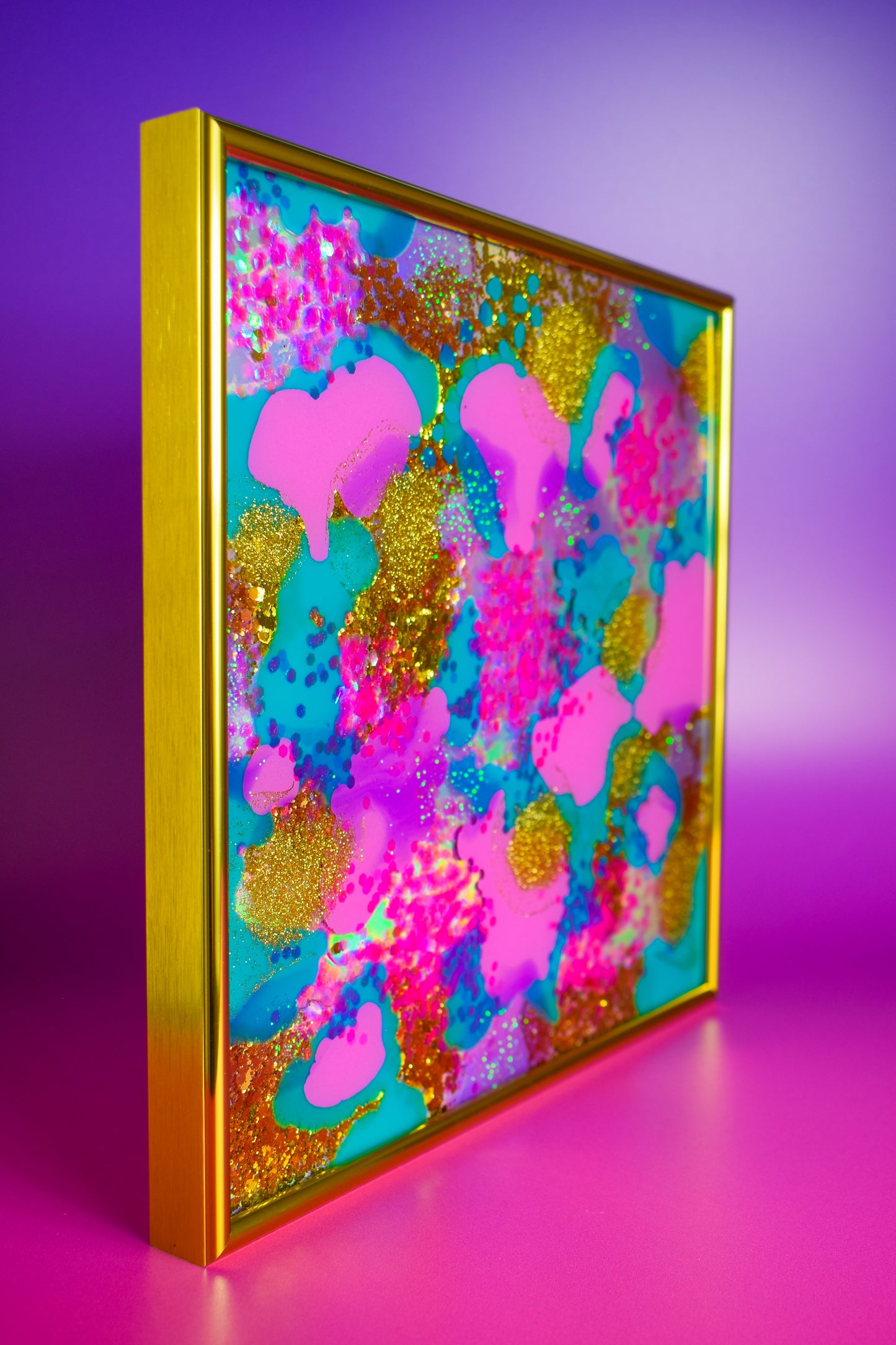 Original Resin Artwork Framed Colourful Pink Gold Turquoise Glitter Holographic Art