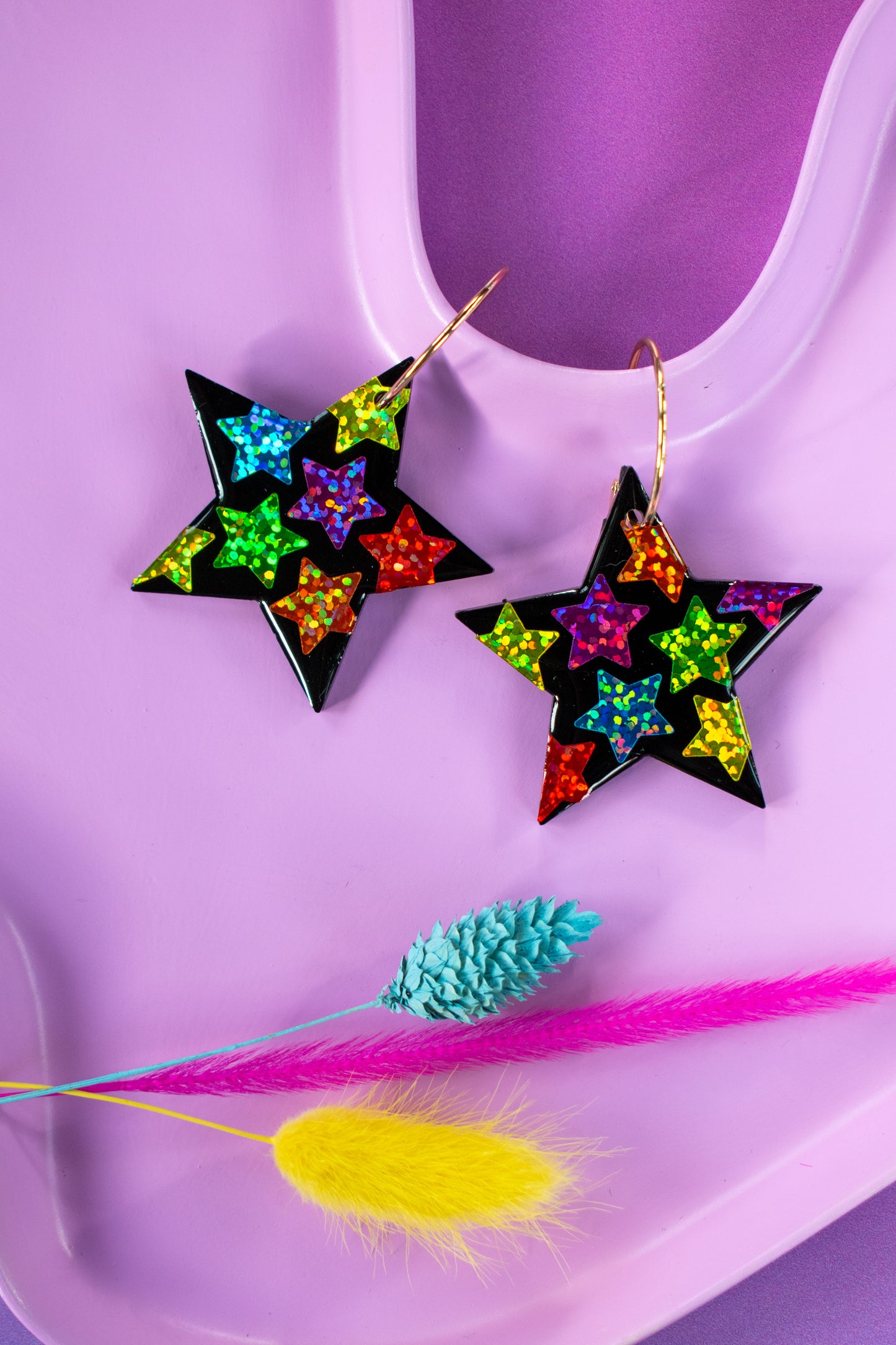 Rainbow Star Statement Earrings Gold Hoops