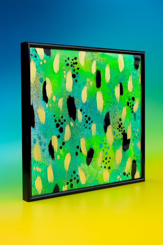 Original Resin Artwork Framed Lime Green Bright Yellow Turquoise Glitter Holographic Art