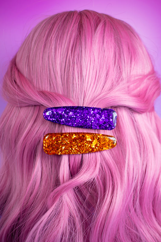 Purple & Orange / Copper Glitter Chunky Resin Hair Clips Pair