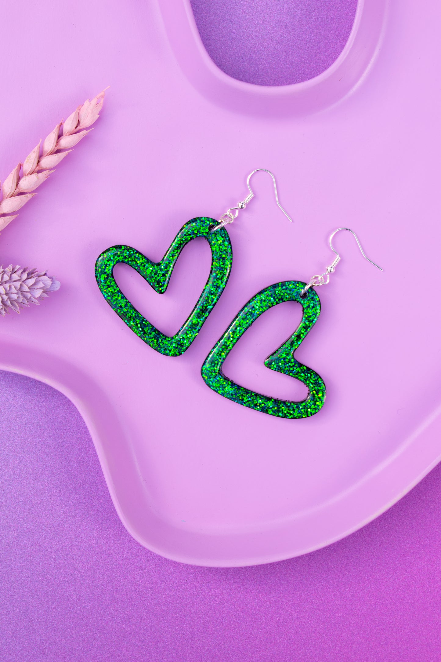 Green & Black Glitter Heart Shaped Earrings