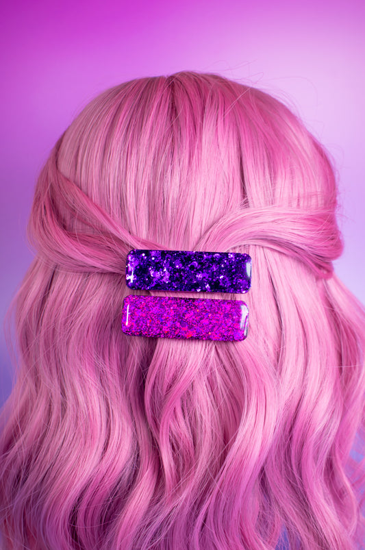 Purple & Pink Glitter Chunky Resin Hair Clips Metallic Pair