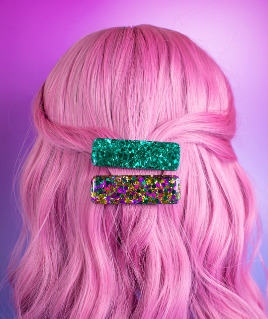 Multicoloured Gold Pink & Teal Glitter Chunky Resin Hair Clips Metallic Pair