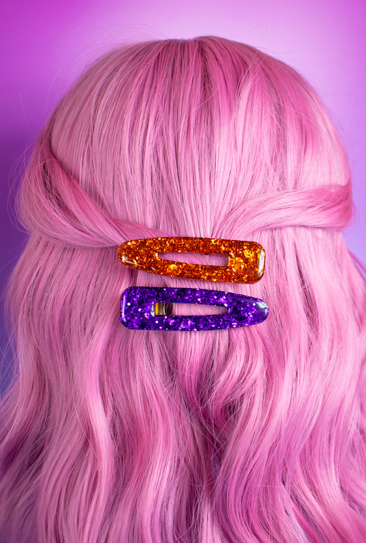 Purple & Orange / Copper Glitter Chunky Resin Hair Clips Pair