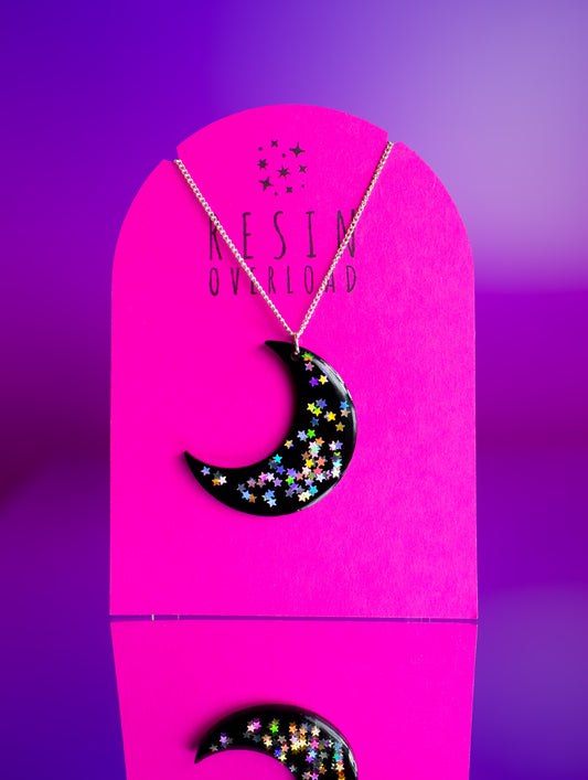 Black Crescent Moon Earrings Holographic Stars