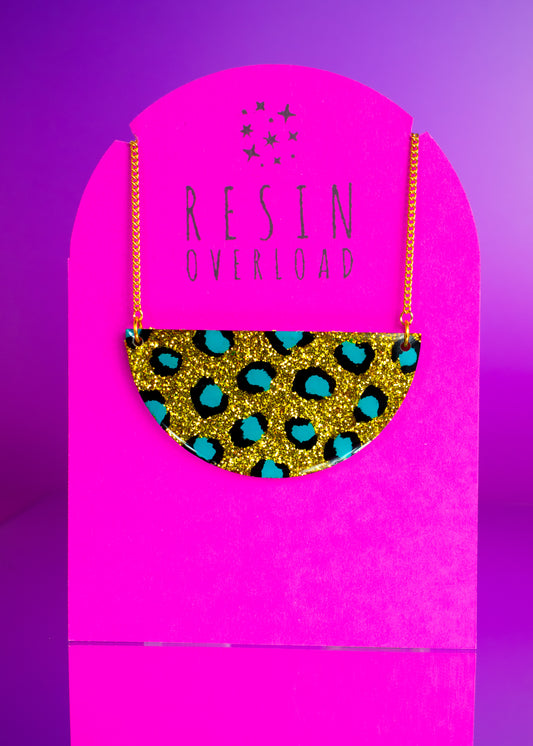 Semi Circle Necklace Gold Glitter Leopard Print Detail Geometric