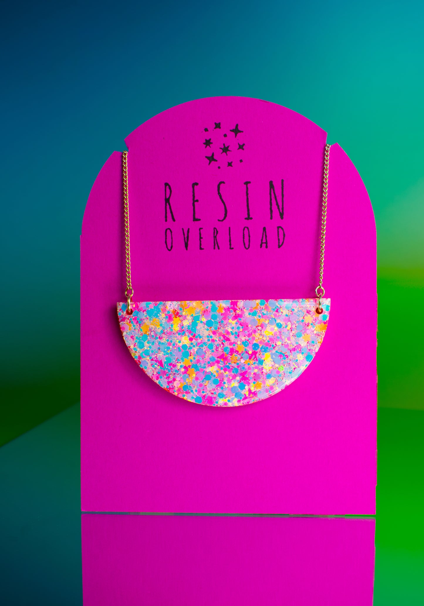 Semi Circle Necklace Iridescent, Pink & Orange Geometric Glitter