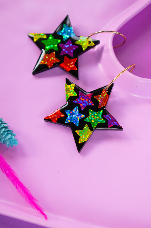 Rainbow Star Statement Earrings Gold Hoops