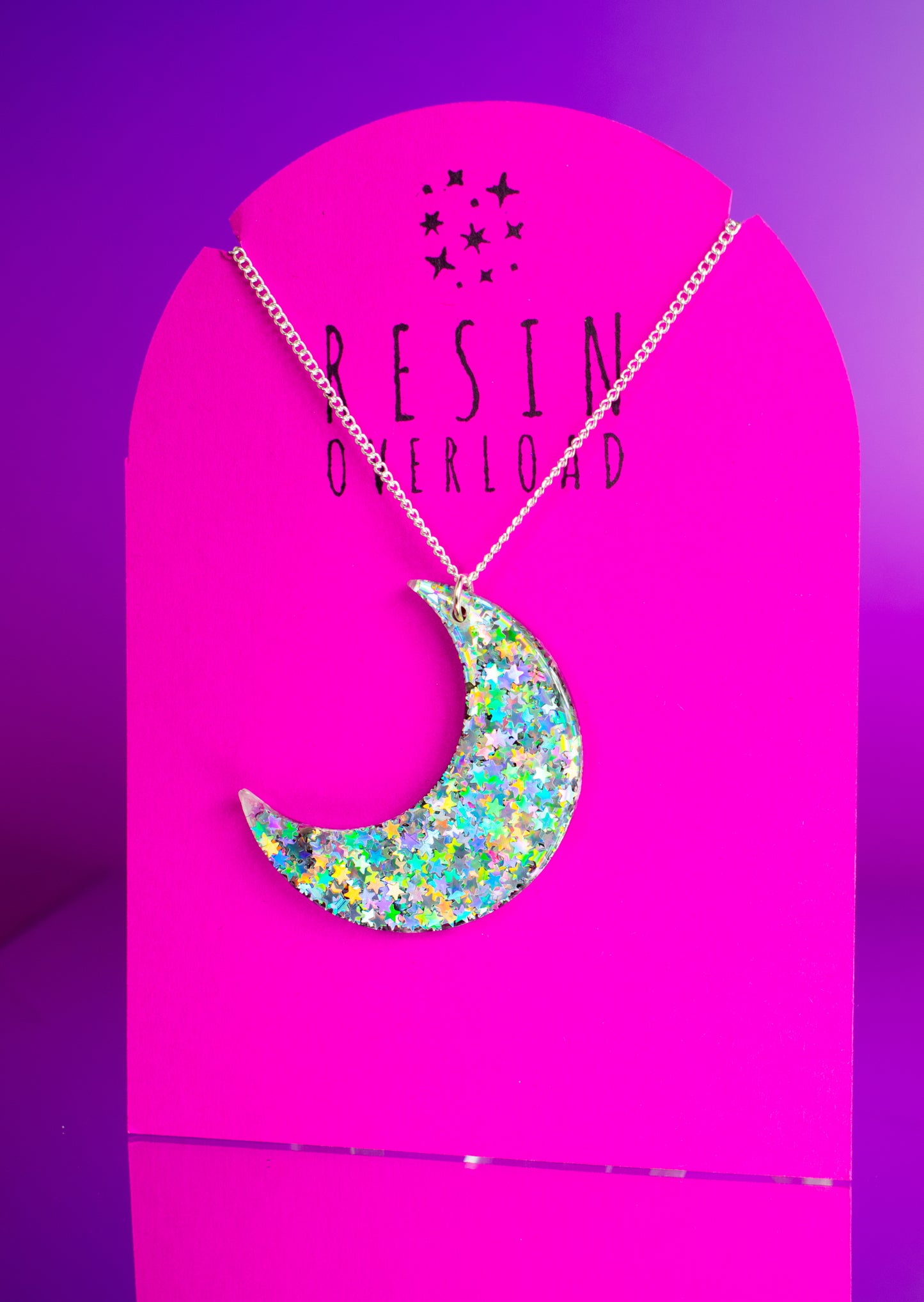 Large Crescent Moon Necklace Silver Holographic Stars Glitter